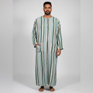 Men's XXL Striped Thobe Kaftan Robe Henley Maxi Dress Pockets P2P 25-26"